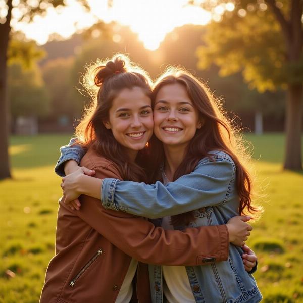 Due amiche si abbracciano.