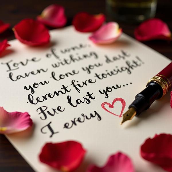 Lettera d'amore scritta a mano, con una penna stilografica e petali di rosa intorno