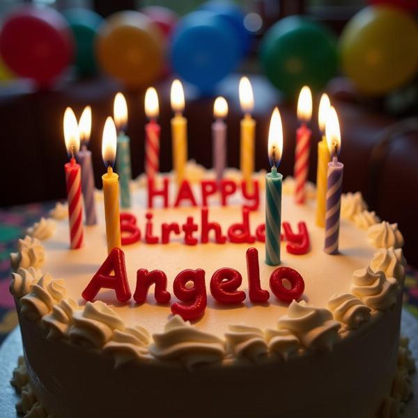 Torta di compleanno con candeline e scritta "Auguri Angelo"