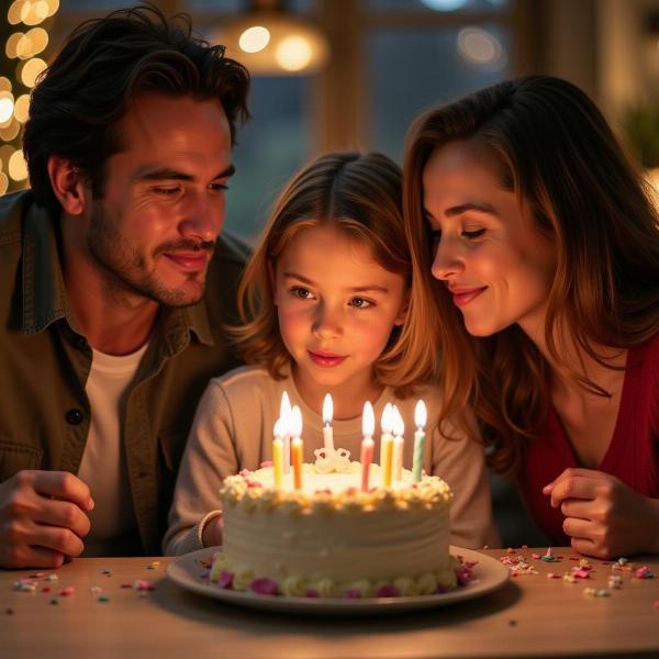 Auguri di buon compleanno figlia adulta: Una figlia adulta spegne le candeline sulla torta con i genitori.