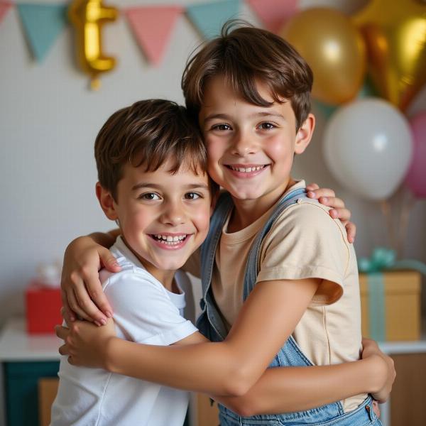 Auguri di buon compleanno fratello: due fratelli si abbracciano.