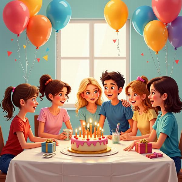 Festa di compleanno con amici e palloncini