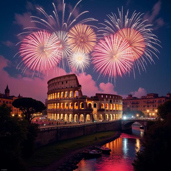 Fuochi d'artificio sopra il Colosseo a Roma per il Capodanno 2025