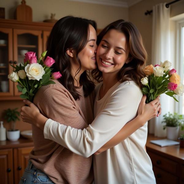 Auguri mamma: Un abbraccio caloroso tra madre e figlia.