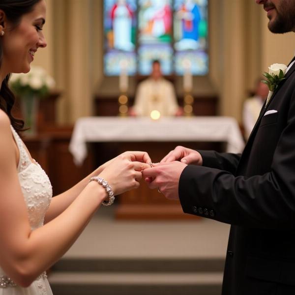 Auguri di matrimonio con frasi romantiche: Sposi che si scambiano le fedi in chiesa.