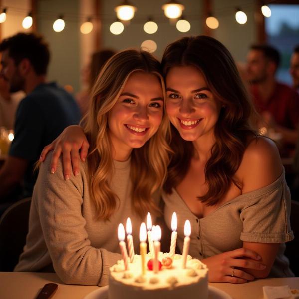 Auguri migliore amica compleanno: Due amiche abbracciate sorridenti con una torta di compleanno.