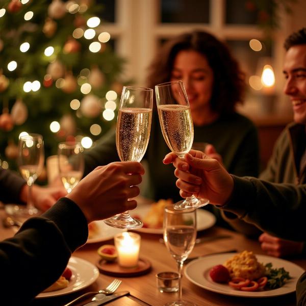 Auguri di Natale amica speciale: Due amiche brindano con calici di spumante durante la cena di Natale.