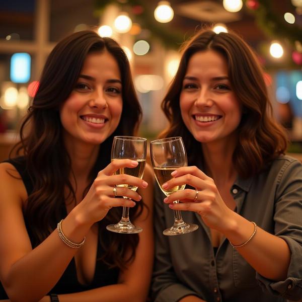 Auguri sorella speciale: Due sorelle brindano con del vino in un'atmosfera festosa.