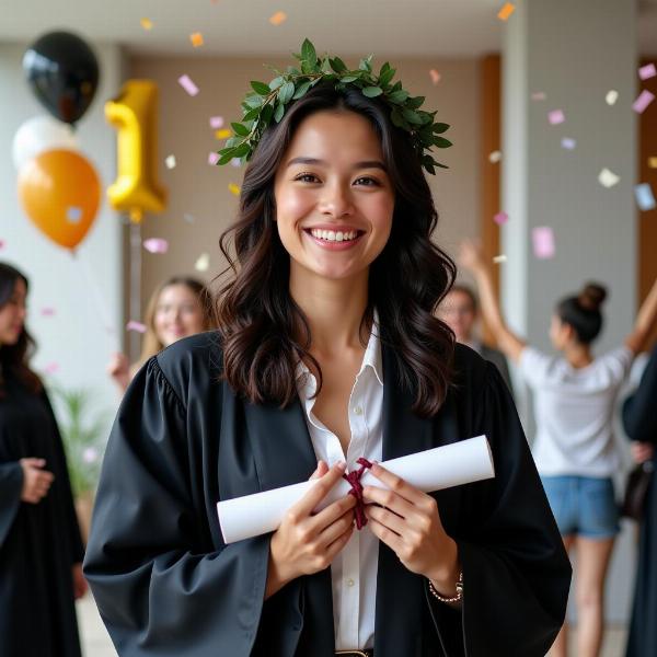 Auguri speciali per una figlia che si laurea: Una giovane donna raggiante con la corona d'alloro.