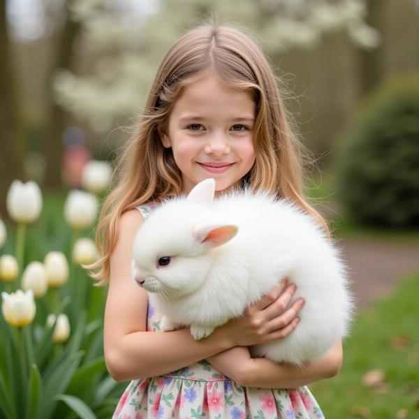 Bambina che tiene in braccio un coniglietto pasquale