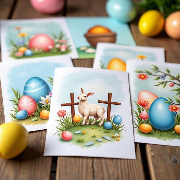 Biglietti augurali di Pasqua tradizionali con uova decorate e simboli religiosi.