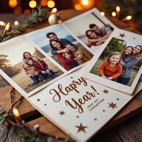 Biglietto di auguri di buon anno per la famiglia con foto e decorazioni festive.