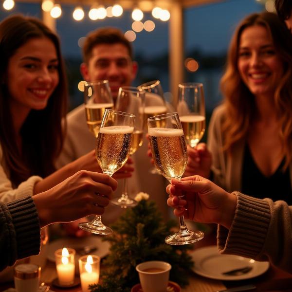 Un gruppo di amici brinda con calici di champagne per festeggiare il Capodanno 2025