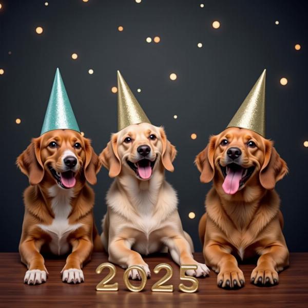 Cani che festeggiano il Capodanno 2025 con una GIF divertente