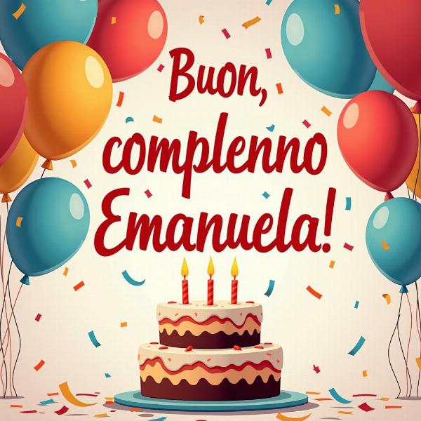 GIF animata di Buon Compleanno per Emanuela con palloncini e torta