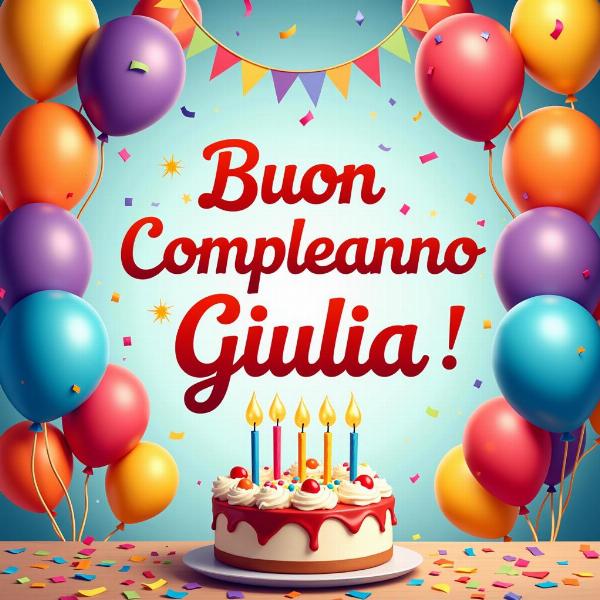 GIF animata Buon Compleanno Giulia con palloncini e torta