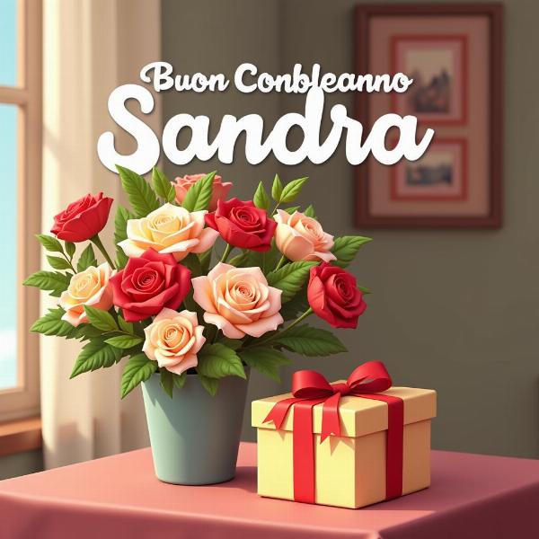 Buon Compleanno Sandra GIF con fiori e regalo animato