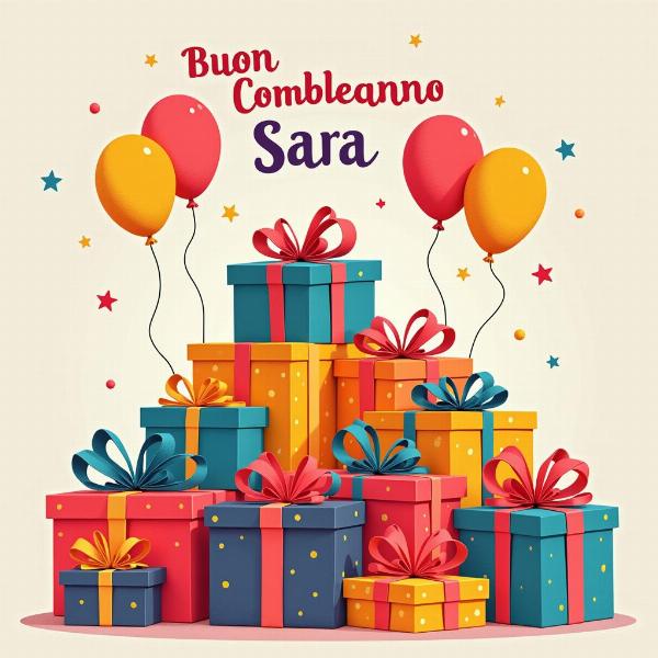 Immagini di buon compleanno per Sara con regali e palloncini