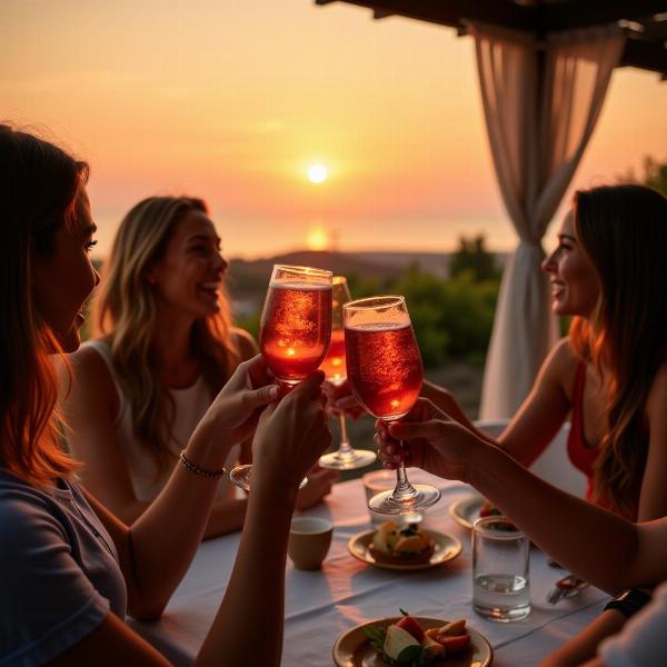 Buon giorno e buona domenica estiva: Amici che brindano durante un aperitivo al tramonto in una località estiva.