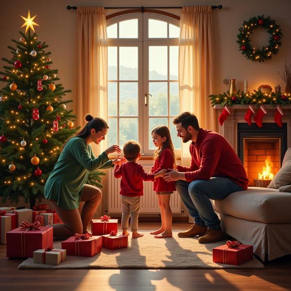 Famiglia italiana che si scambia gli auguri di Buon Giorno con Babbo Natale