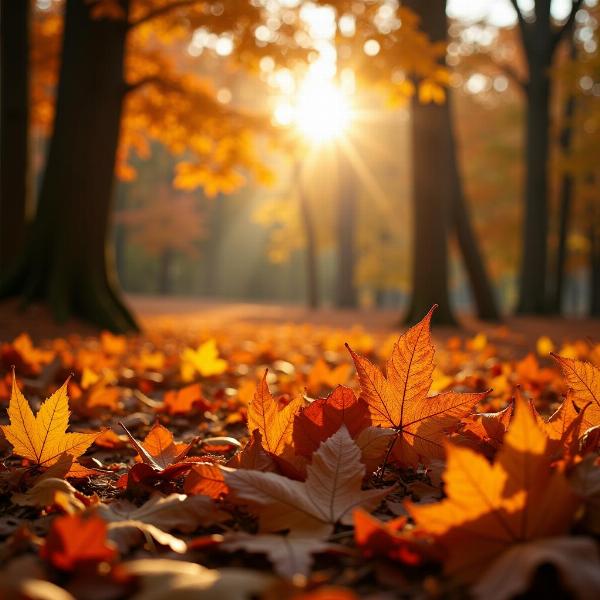 Foglie autunnali colorate che cadono dolcemente in un bosco di ottobre, illuminato dai raggi del sole del mattino. Un'immagine perfetta per augurare un buon lunedì.