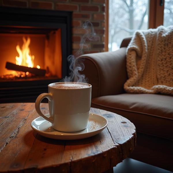 Tazza di cioccolata calda vicino al camino in una giornata invernale