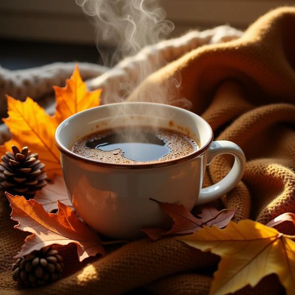 Buona Domenica 1 Ottobre con Tazza di Caffè e Foglie Autunnali