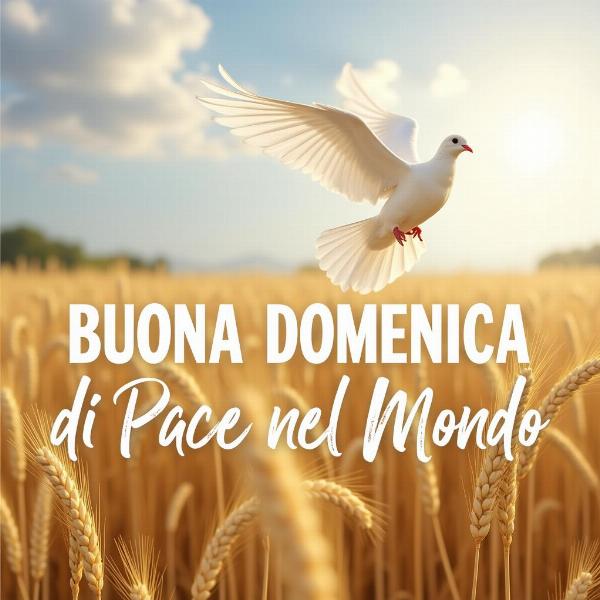 Colomba bianca che vola sopra un campo di grano con il testo "Buona Domenica di Pace nel Mondo"