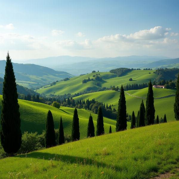 Buona domenica immagini bellissime: Un suggestivo paesaggio toscano con colline verdi e cipressi per immergersi nella bellezza della natura.