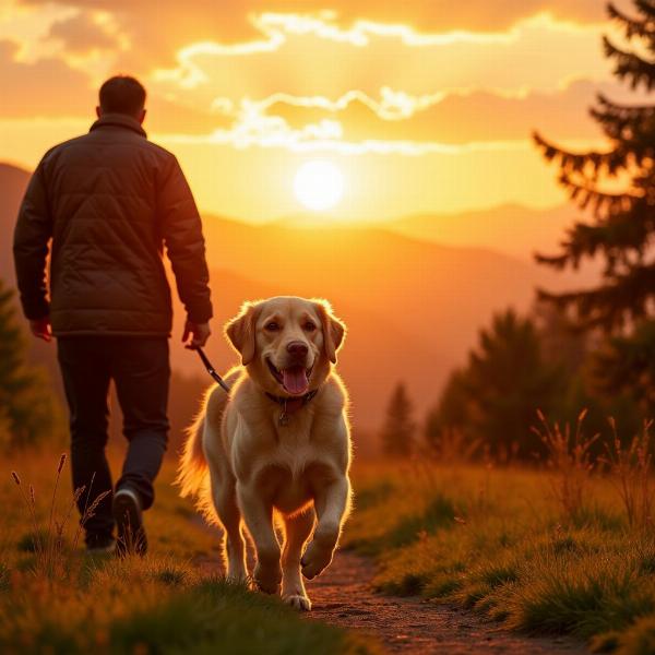 Cane e padrone che fanno una passeggiata serale