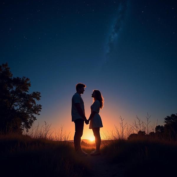 Buona notte estiva a domani: Immagine romantica di una coppia che si guarda sotto le stelle.