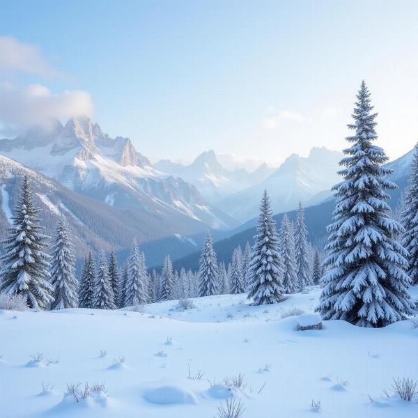 Paesaggio innevato con alberi e montagne