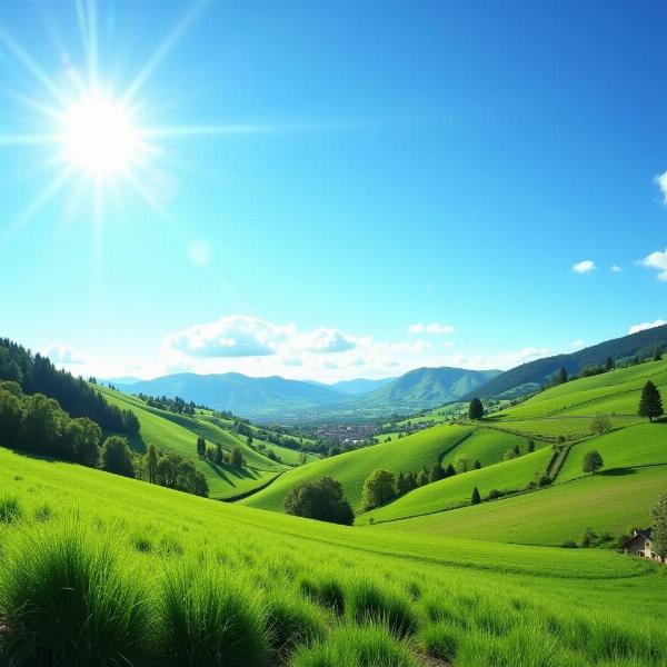 Un tranquillo paesaggio italiano di campagna con un cielo azzurro e soleggiato, perfetto per una rilassante domenica.