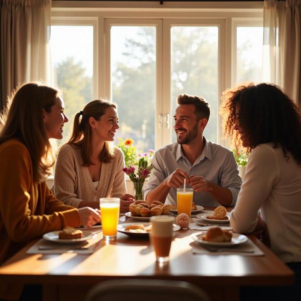 Famiglia felice che si scambia gli auguri di buongiorno la domenica mattina