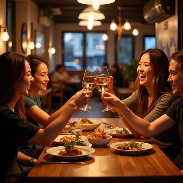 Un gruppo di amici che pranzano insieme al ristorante, brindando con i bicchieri di vino.