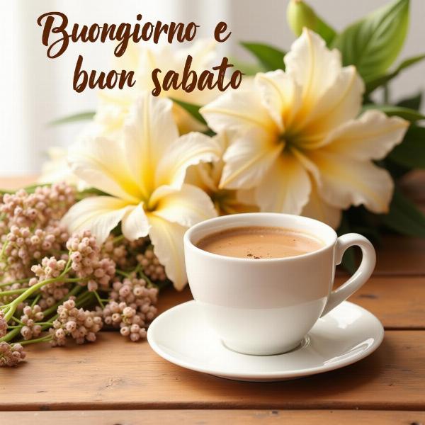 Buongiorno e buon sabato con caffè e fiori