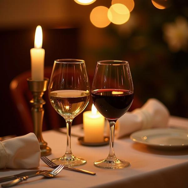 Calici di vino rosso e bianco su un tavolo apparecchiato per una cena romantica