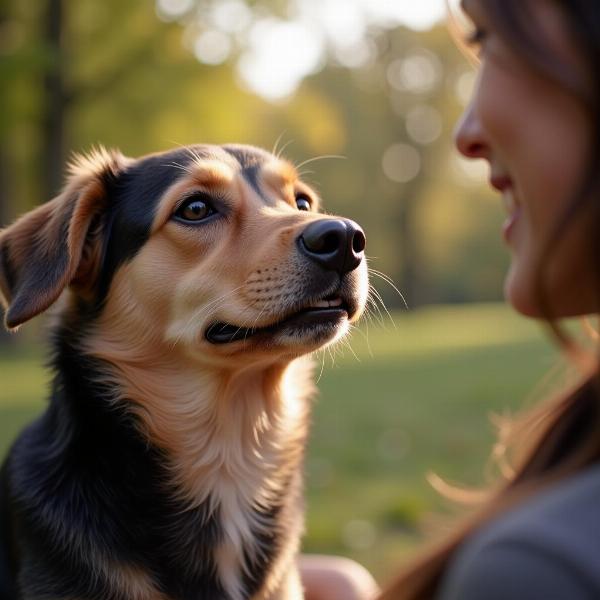 Cane che guarda con amore il suo padrone