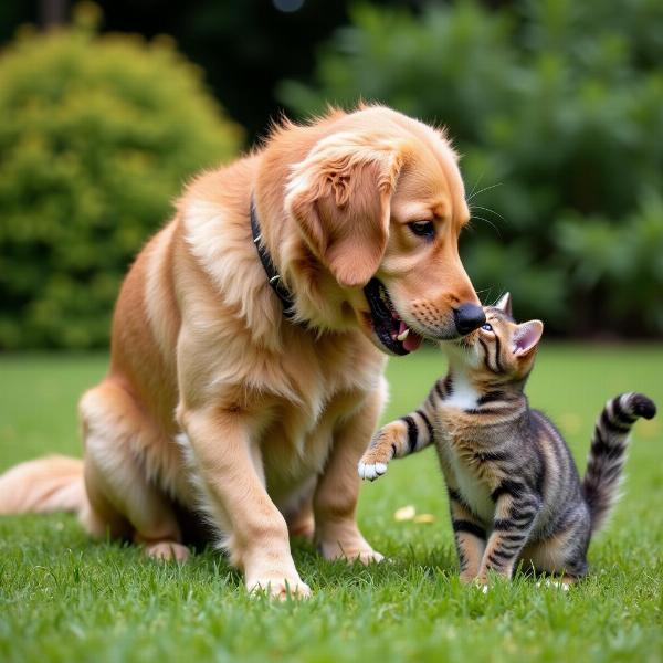 Cane e gatto giocano insieme in giardino