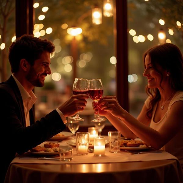 Una coppia che brinda durante una cena romantica per celebrare il loro primo anniversario di matrimonio.