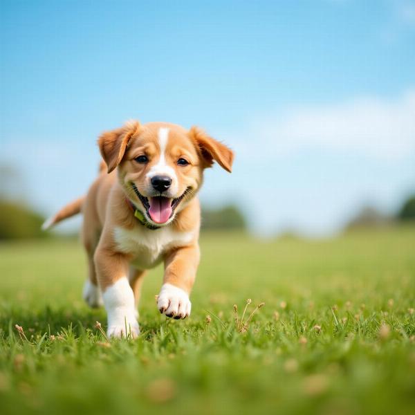 Cucciolo di cane che gioca per augurare un buon pomeriggio pieno di gioia