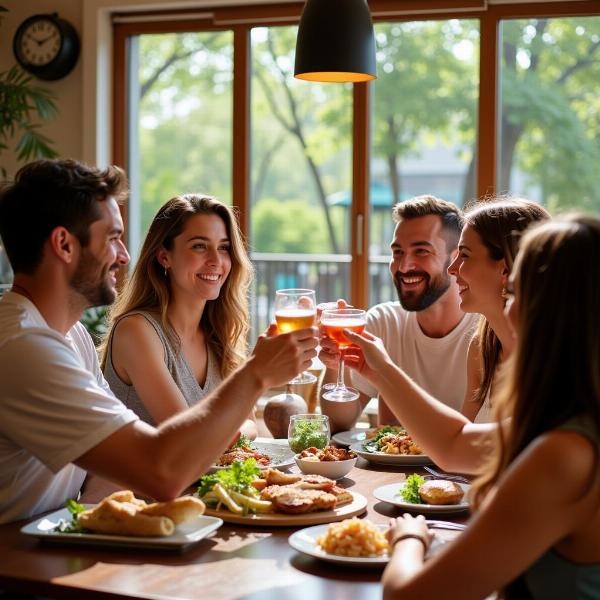 Gruppo di amici che brinda in un ristorante di domenica di giugno