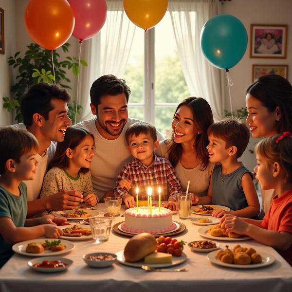 Famiglia italiana riunita per festeggiare un compleanno