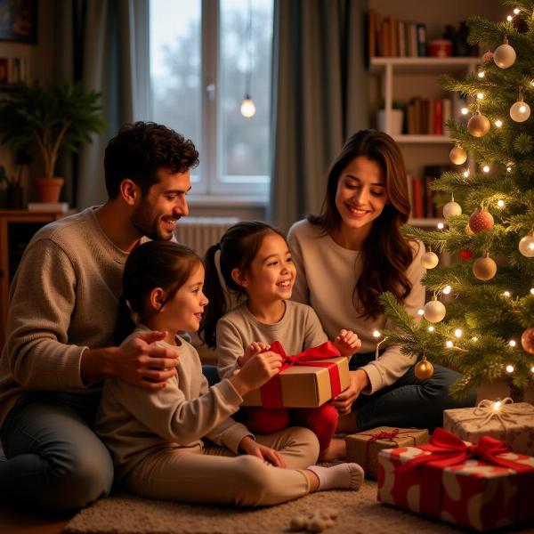 Famiglia riunita intorno all'albero di Natale, scambiandosi regali e sorrisi.