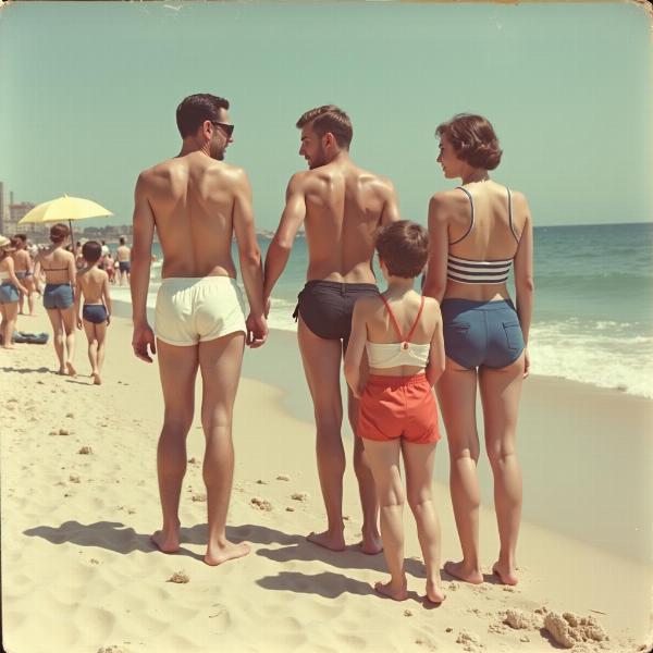 Famiglia italiana in vacanza al mare, stile vintage, Ferragosto.