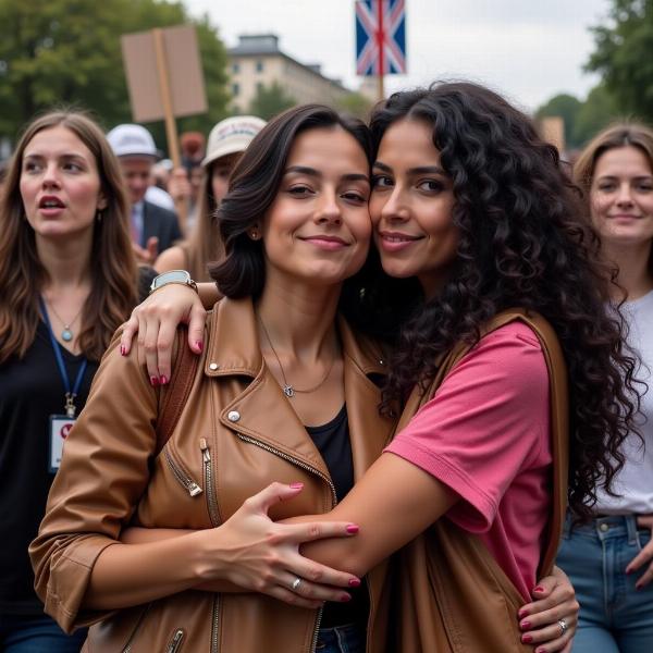 Un gruppo di donne si abbraccia durante la Festa della Donna.