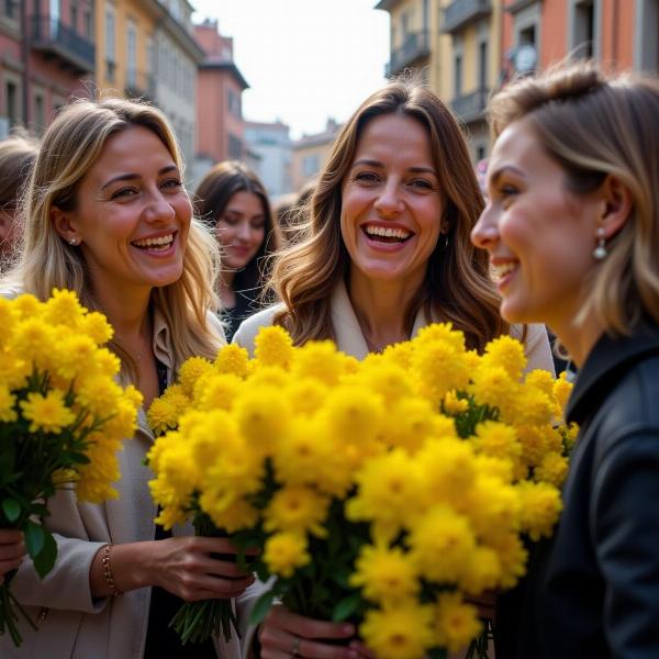 Donne che ricevono mimose per la Festa della Donna