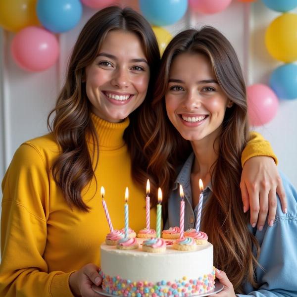 Due migliori amiche festeggiano un compleanno con una torta.