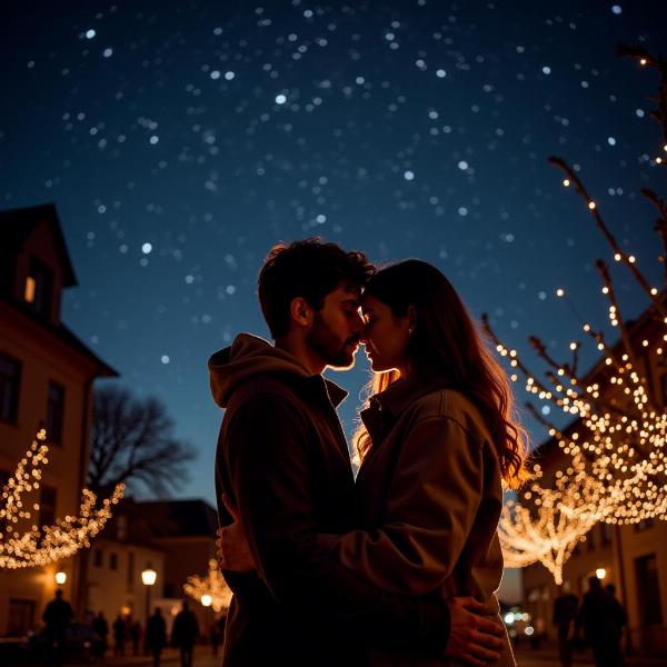 Frasi di Buon Anno Amore Mio: Un'immagine romantica di una coppia che si abbraccia sotto il cielo stellato di Capodanno.