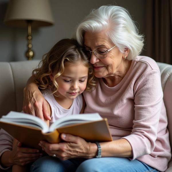 Una nonna abbraccia la sua nipote e le legge un libro.